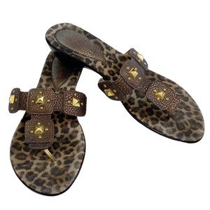 Dezario Womens Boho Studded Flip Flop Sandal EU40 Bronze Leather Leopard Insole